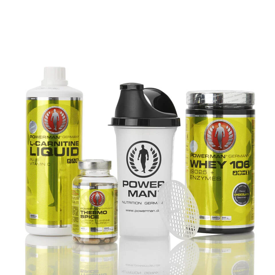 The Powerman Weight Loss Bundle includes a bottle of L-Carnitine liquid, a bottle of Thermo Spice capsules, a tub of Whey 106 protein powder, and a shaker cup.