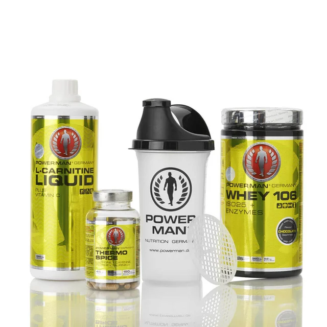 The Powerman Weight Loss Bundle includes a bottle of L-Carnitine liquid, a bottle of Thermo Spice capsules, a tub of Whey 106 protein powder, and a shaker cup.