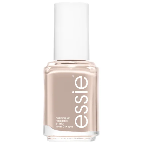 Essie nail polish bottle in Topless And Barefoot shade, featuring a nude beige color with white cap and brand logo on the front of the glass bottle.